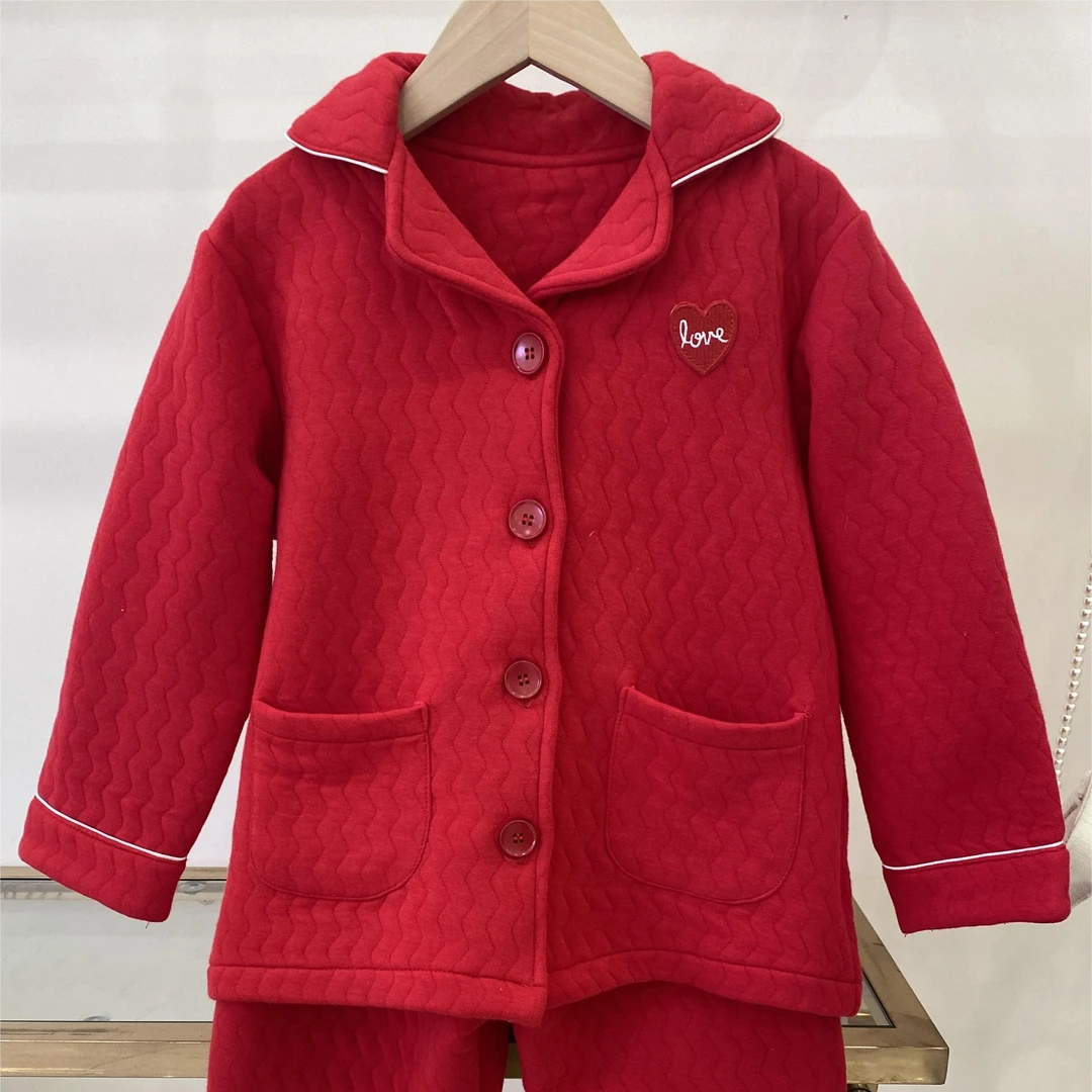 婴格朗迪YG5166儿童女童洋气红色大童翻领秋冬睡衣套装