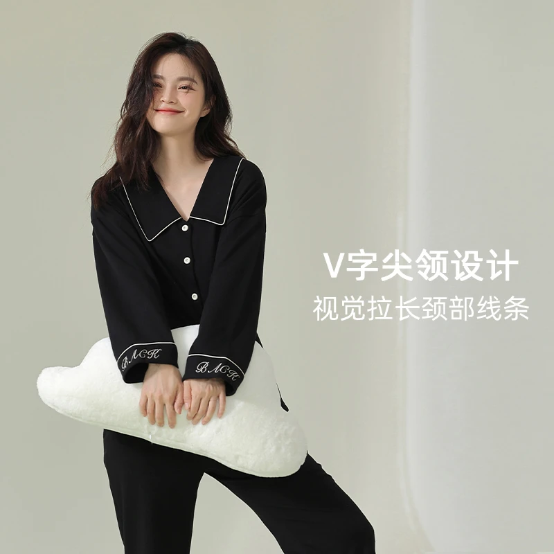 MEUNDO秋季新疆棉单色刺绣英文大翻领睡衣女套装长袖两色家居服