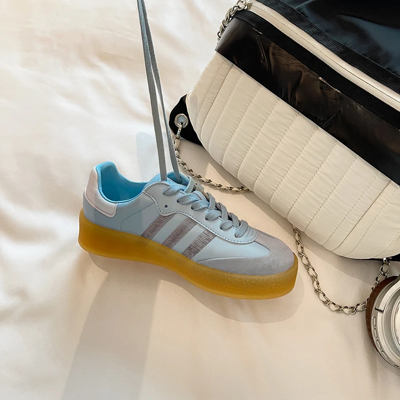 透明果冻厚底德训鞋蓝色复古百搭休闲板鞋2024新款