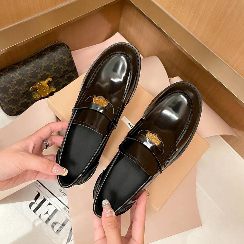 厚底金币乐福鞋2024年新款圆头浅口黑色小皮鞋单鞋