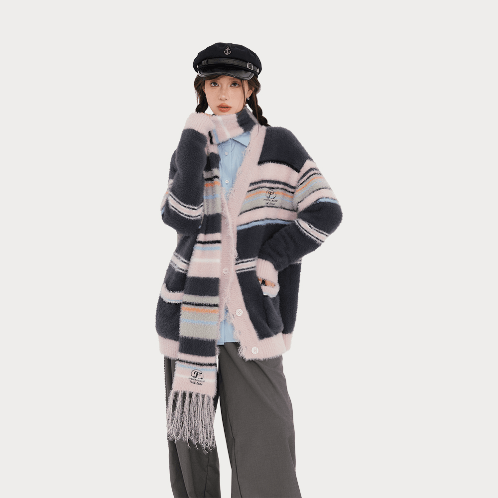 【雪宝粉丝专享】FPMZ条纹针织衫水貂毛开衫外套复古送围巾刺绣长袖