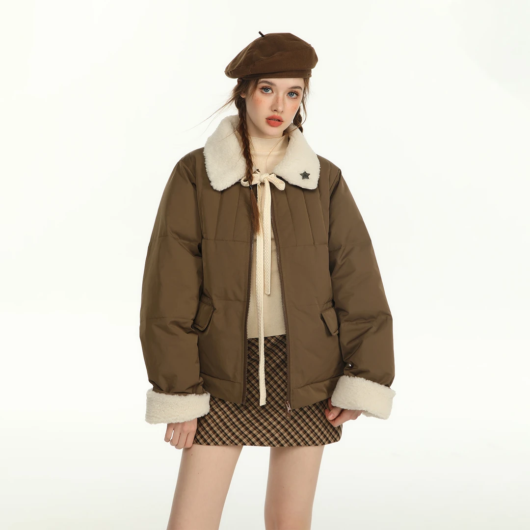 FPMZ蝴蝶结绑带毛领翻领撞色棉服星星标装饰宽松面包服外套短上衣