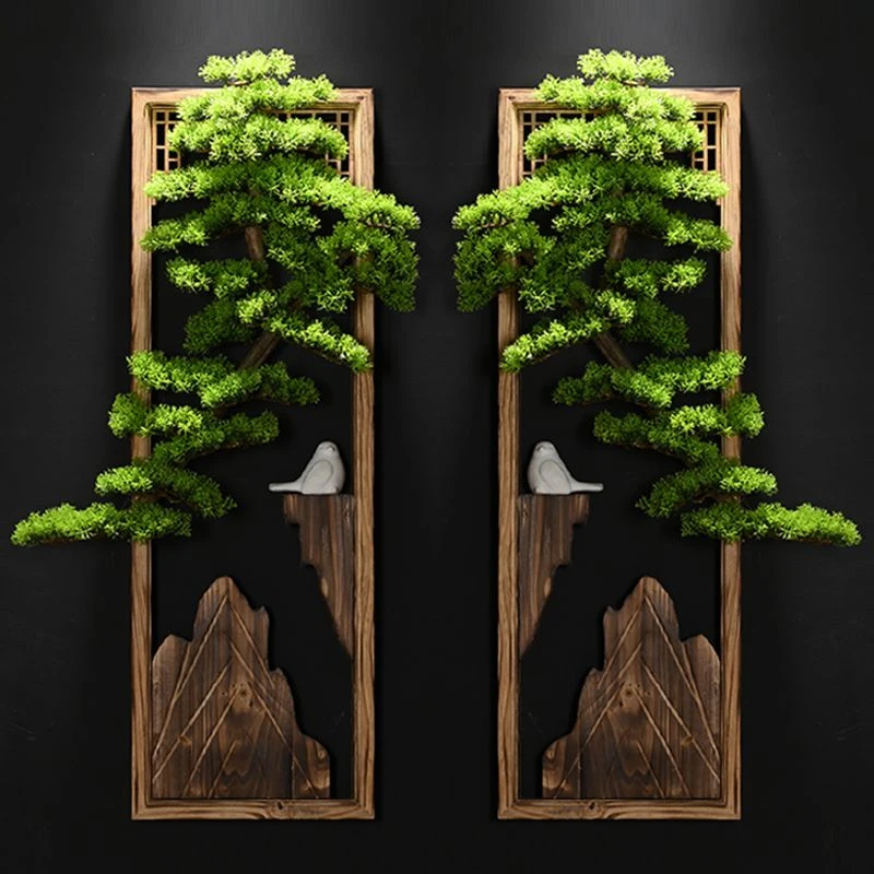 新中式木框挂件长方形仿真迎客松壁挂背景墙面装饰玄关壁挂禅意