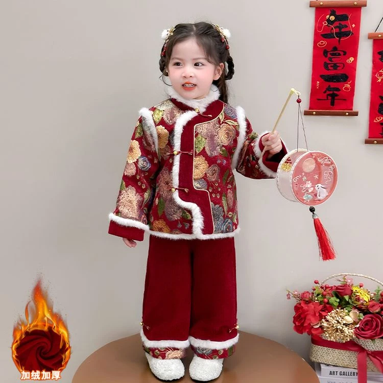 女童拜年服唐装宝宝周岁礼服新中式国风儿童古装汉服加厚过年衣服