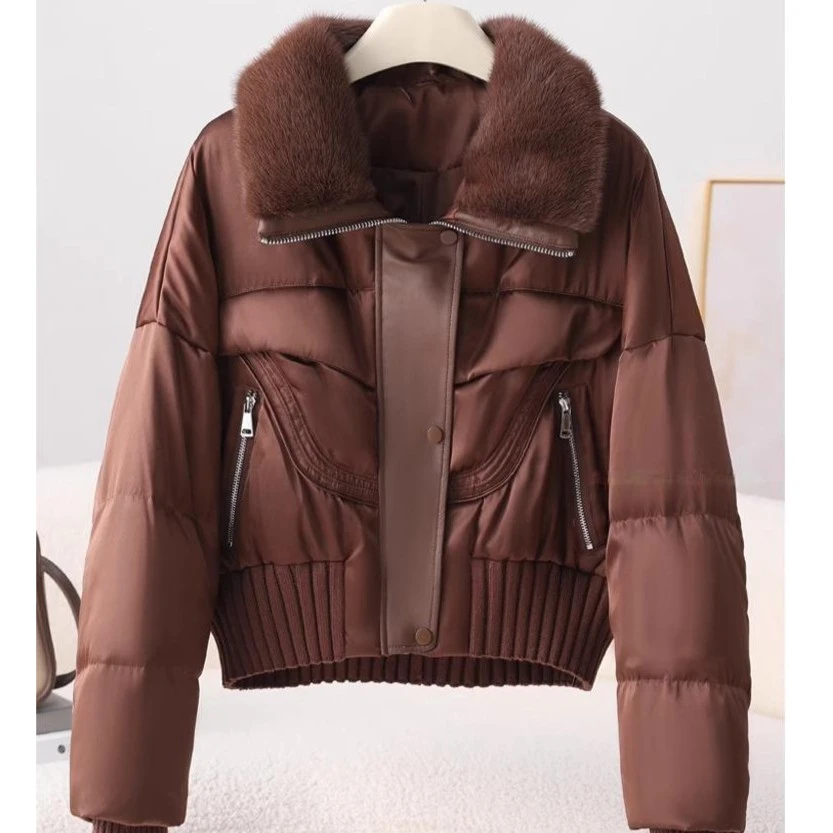 水貂毛鹅绒羽绒服皮草外套女海宁高端2023冬新款短款小个子宽松