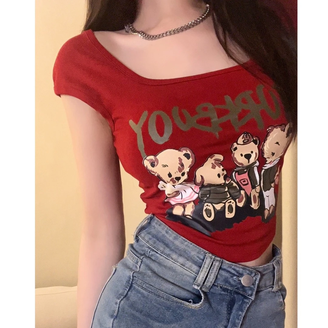 夏季卡通小熊印花短袖背心漏背显瘦修身带杯垫ins风百搭款式