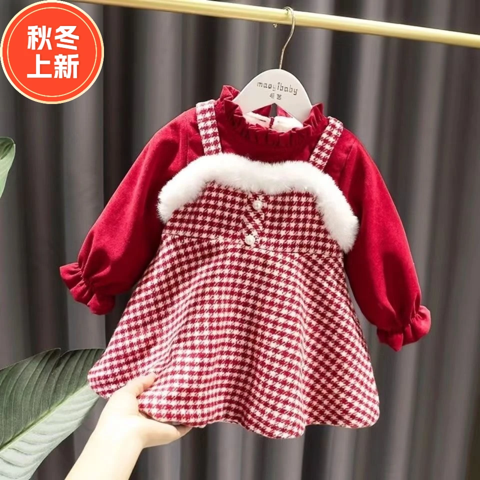 2023新款洋气秋冬女童加绒连衣裙儿童加厚裙子女童公主裙拜年服潮
