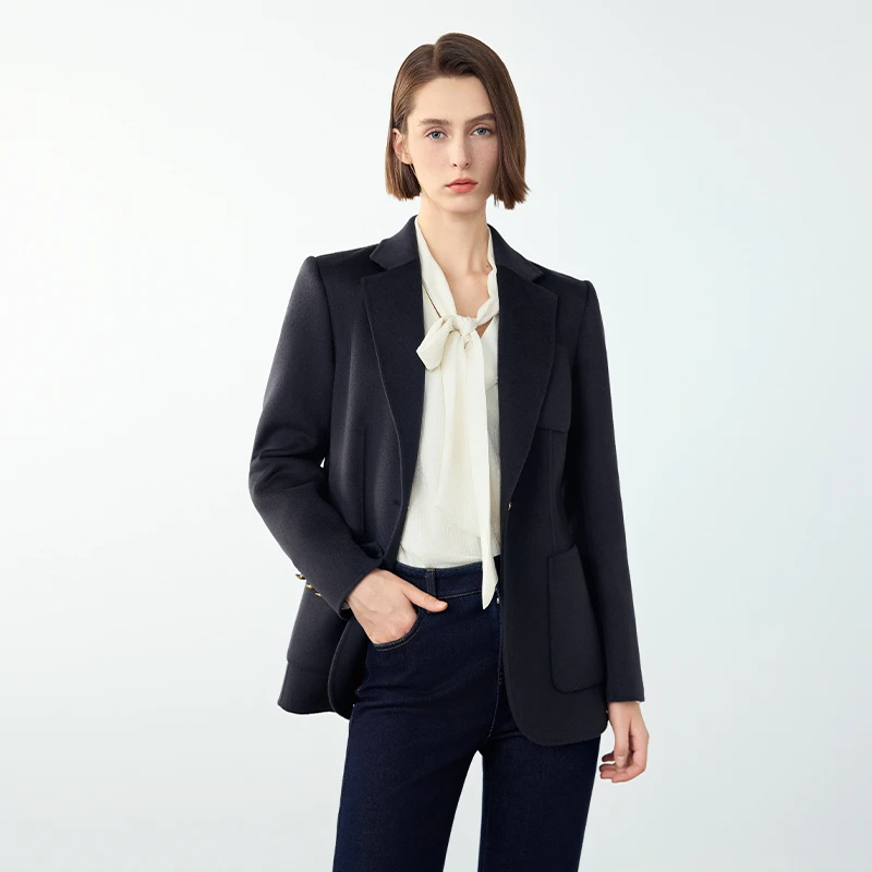 朗姿纯羊毛赫本风休闲通勤职业西装毛呢外套女气质双面呢秋冬新款