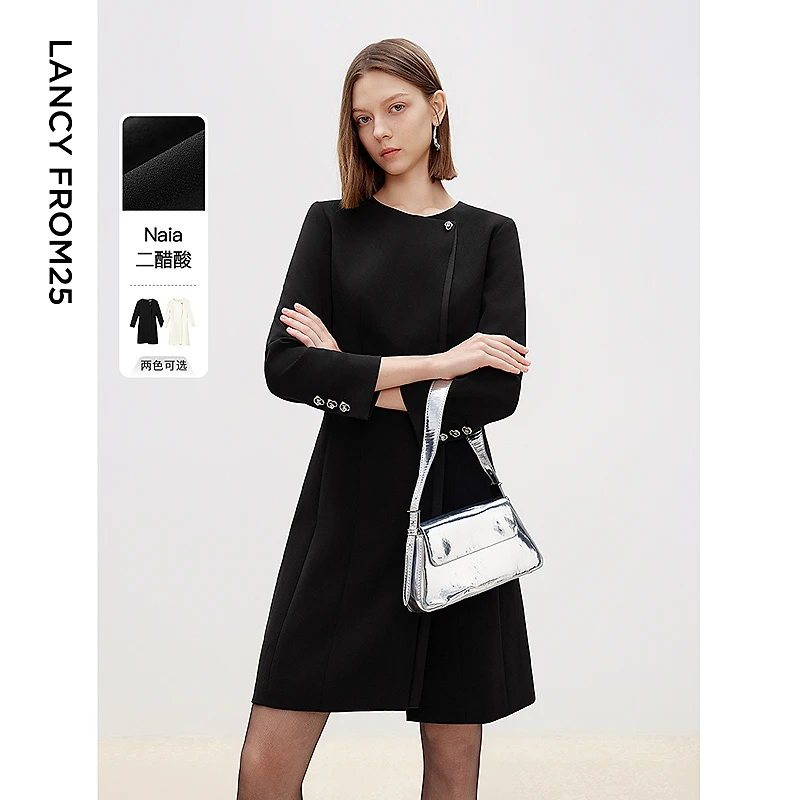 朗姿2025年春季新款法式小香风气质修身长裙高级感通勤长袖连衣裙