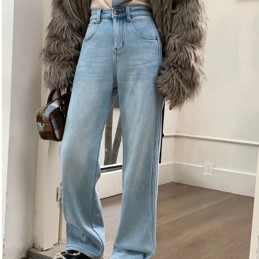 2024加绒洋气时尚百搭直筒显瘦秋冬款加厚牛仔裤休闲复古 78593