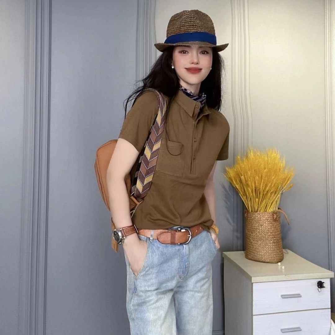 夏款文艺弹力显瘦针织短袖衬衣 polo