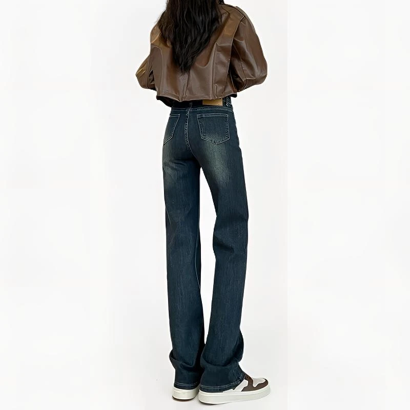 高腰加绒窄版直筒牛仔裤女秋冬2024年新款爆款显瘦复古拖地烟管裤