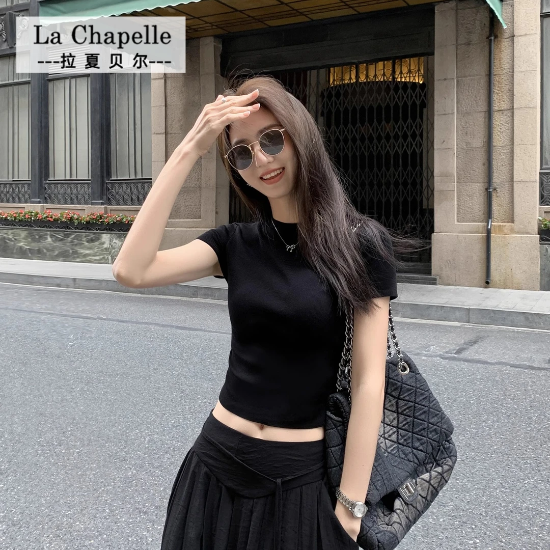 拉夏贝尔JS黑色T恤短袖女百搭网红修身显瘦夏季短款露脐辣妹上衣