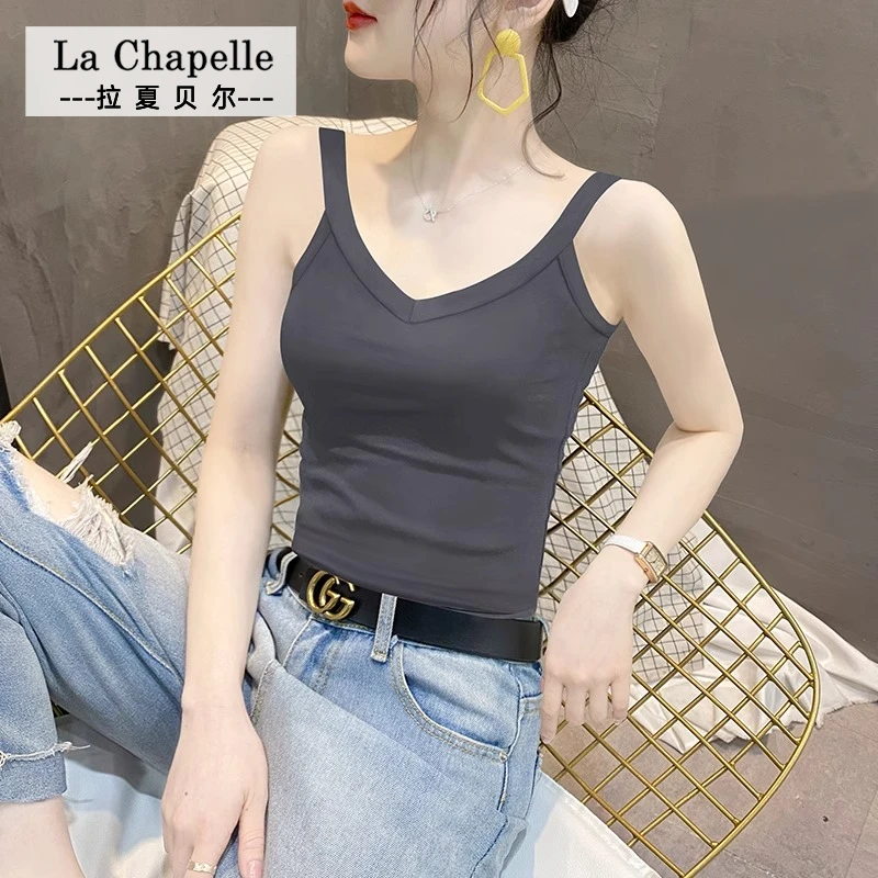 拉夏贝尔JS棉质V领吊带百搭背心女春夏网红内搭无袖美背打底上衣