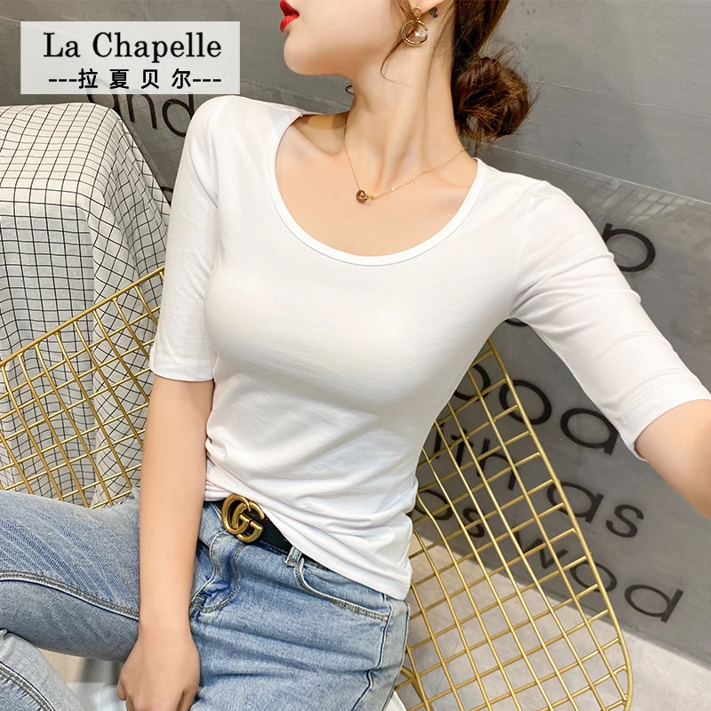 拉夏贝尔JS春秋纯色t恤五分袖洋气低领打底衫修身百搭休闲上衣潮