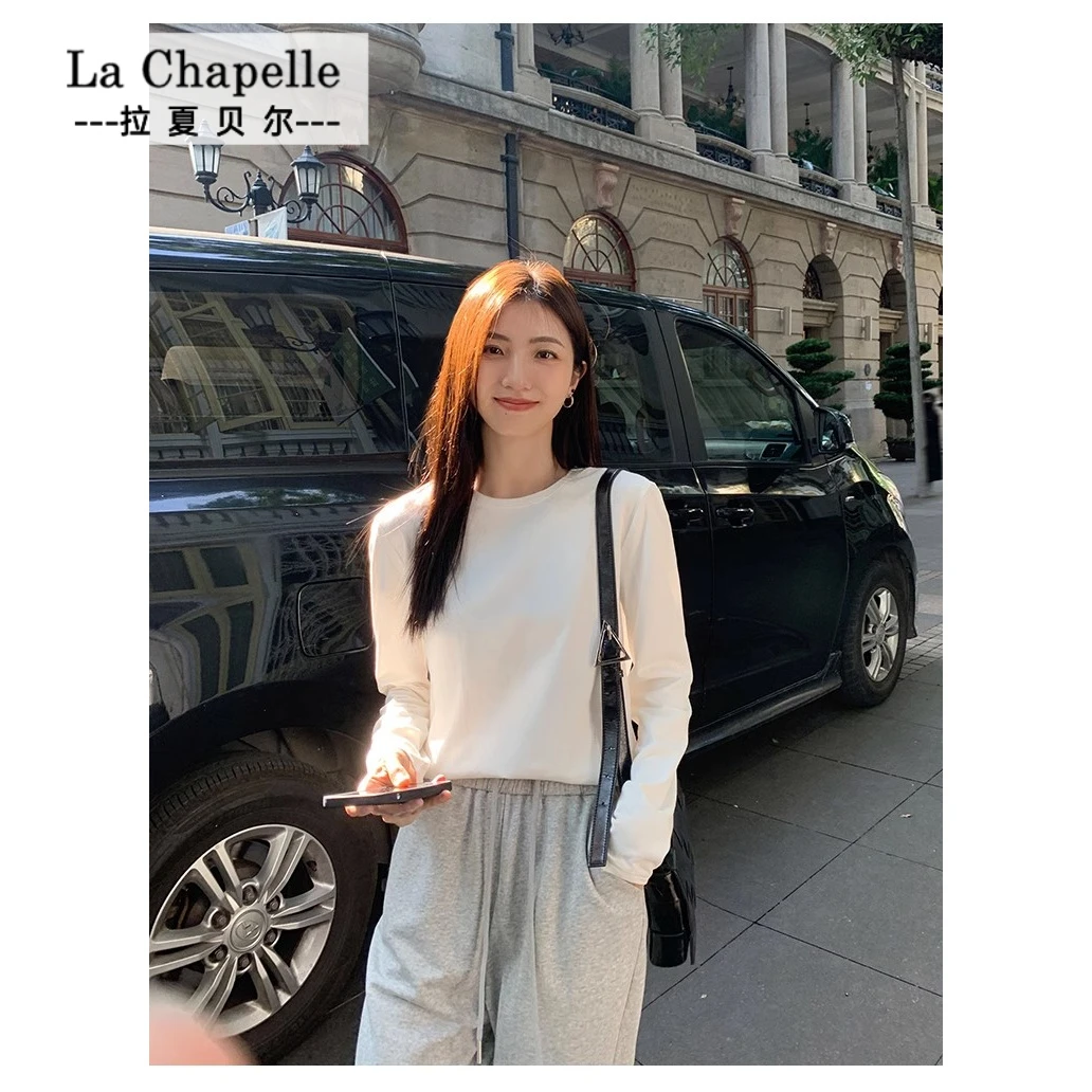 拉夏贝尔JS秋白色圆领长袖T恤女正肩棉质宽松显瘦内搭打底衫上衣