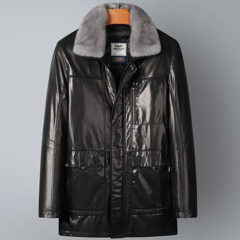 山羊皮可脱卸内胆毛领秋冬季一衣两穿海宁真皮男士爸爸款