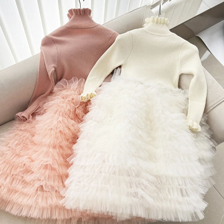 女童甜美公主毛衣纱裙2025新款秋冬季洋气女宝宝加绒针织蛋糕裙潮