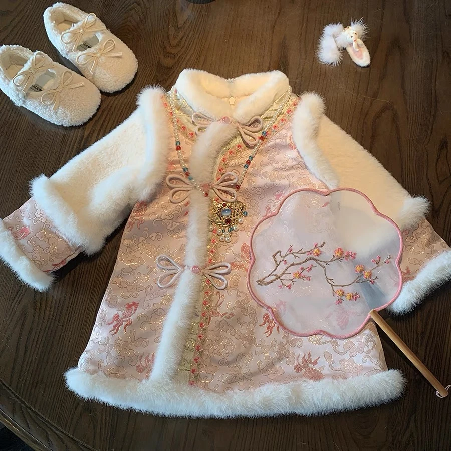 女童拜年旗袍裙2025新款冬季洋气女宝宝夹棉加厚新中式拜年服时髦