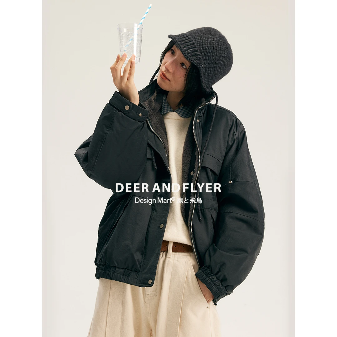 鹿与飞鸟微光泽结构设计|双色厚绒夹克棉服外套6435