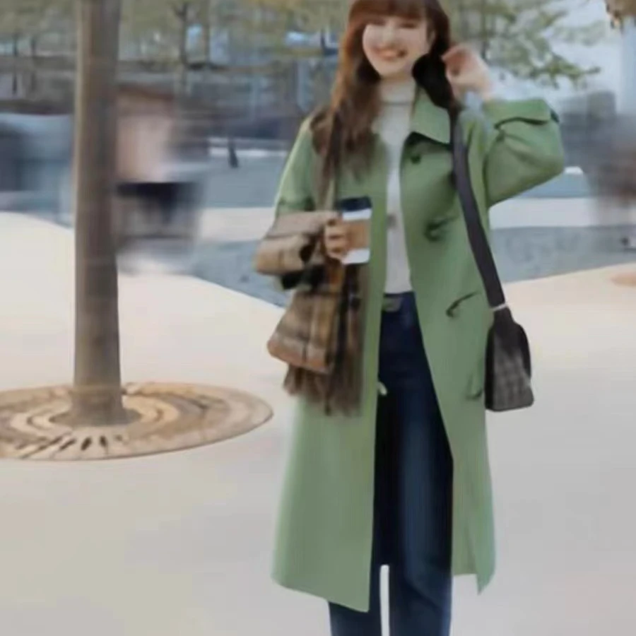 【现货】2024冬季新款超好看中长款显瘦牛角扣毛呢外套大外套女