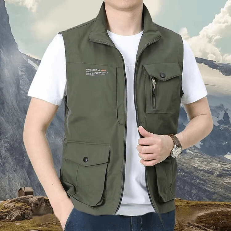 皮尔卡丹春秋季多口袋男款工装大码立领宽松马甲户外摄影垂钓背心