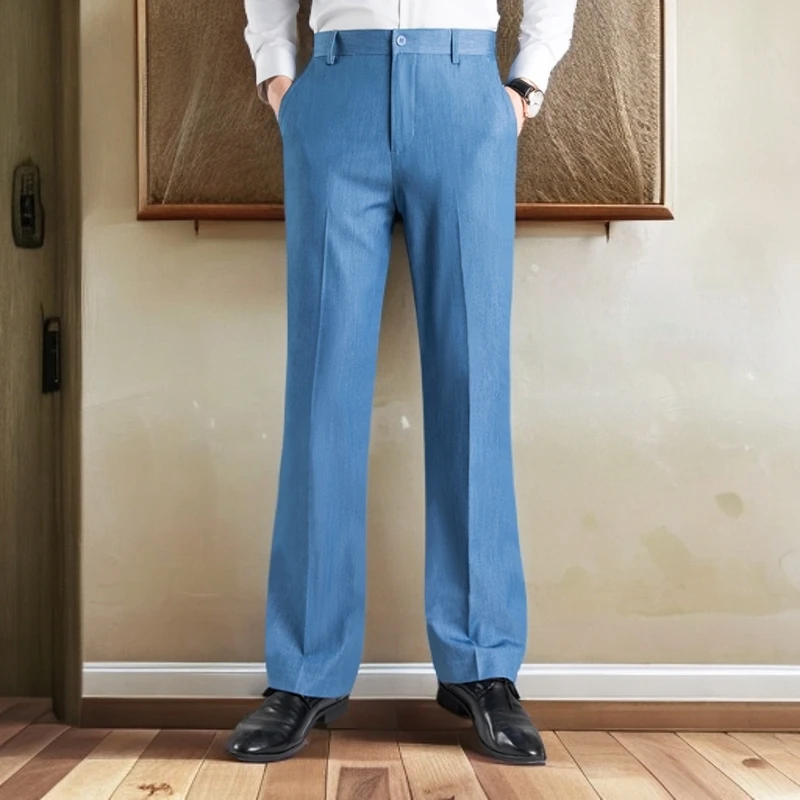 高档男士微喇裤秋季垂感舒适阔脚西装裤时尚款弹力牛仔蓝喇叭裤子