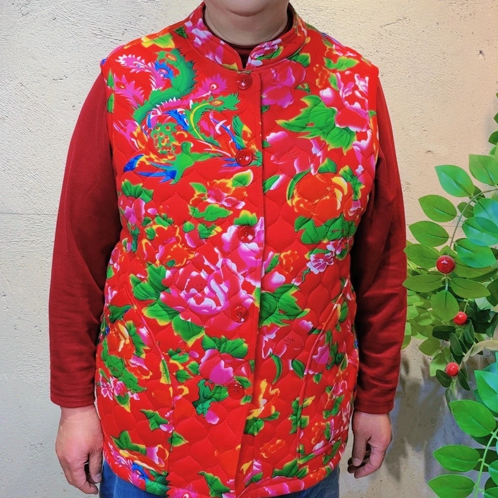 大码妈妈马甲-马夹保暖双面中老年冬季大花花色加肥加大妈妈坎肩