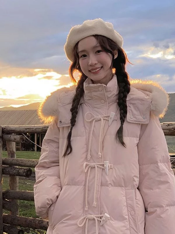 冬季新款甜美粉色中长款棉服外套女带毛领连帽加厚保暖过膝面包服