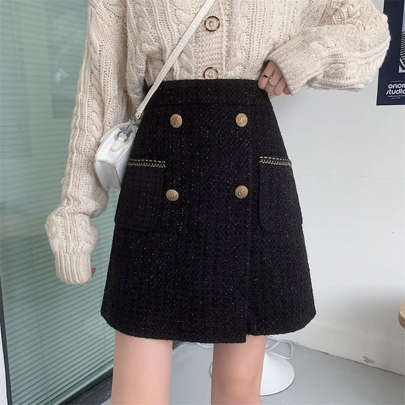 大码亮片毛呢半身裙秋冬设计高腰超火短裙小香风遮肚子黑色a字裙