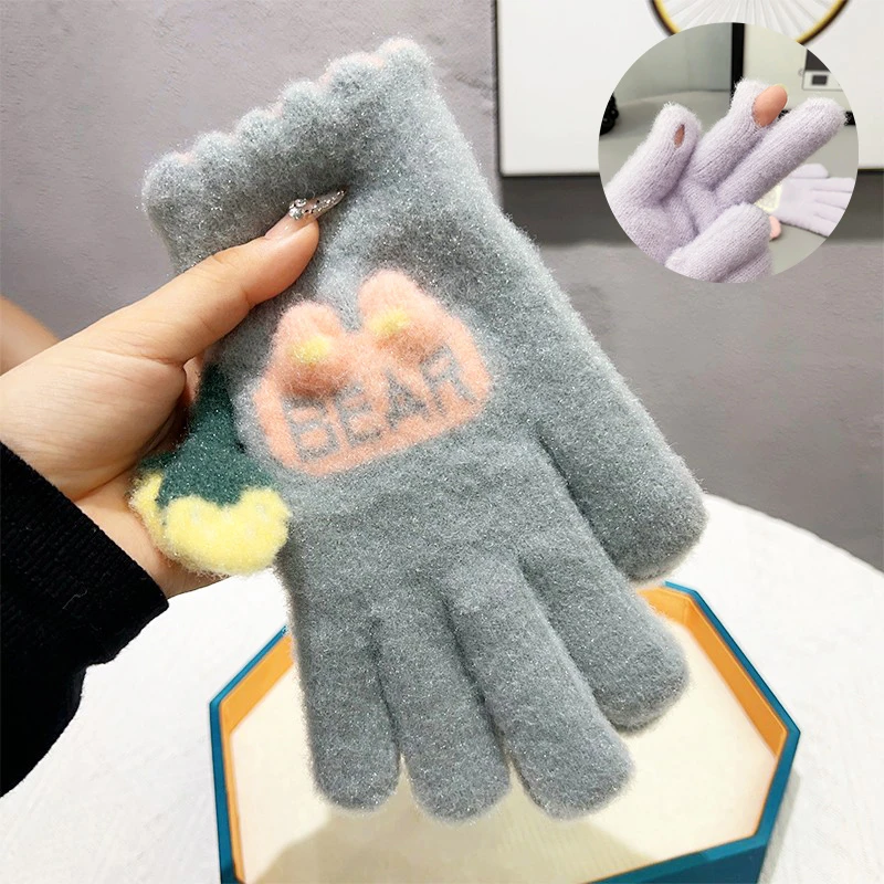 大童手套女冬加绒加厚分指学生全指触屏儿童女童五指骑车保暖防寒