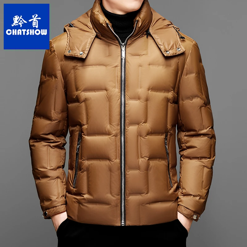 高品质白鸭绒男士亮面连帽羽绒服冬季新款轻薄休闲保暖羽绒夹克男