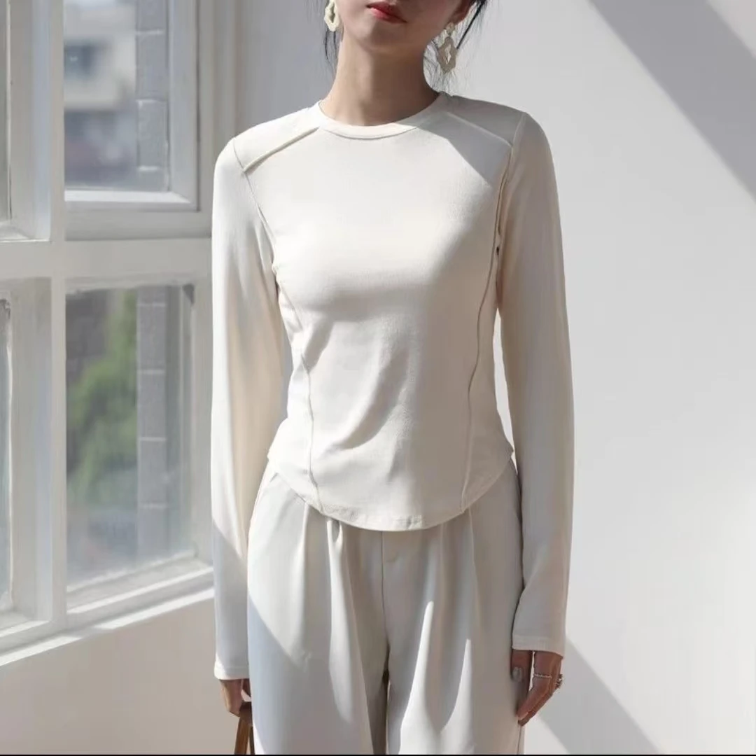 【专柜正版】磨毛女款鱼骨线打底衫德绒弹力显瘦弧形下摆设计长袖