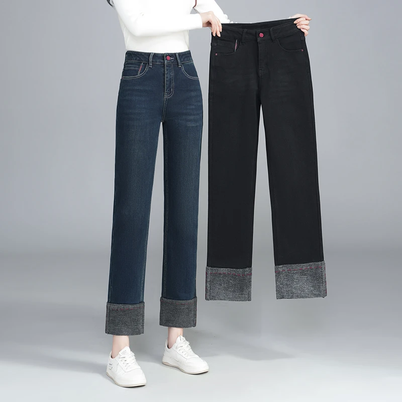 牛仔烟管裤女士高腰显瘦宽松休闲裤时尚百搭九分裤弹力加绒女裤子