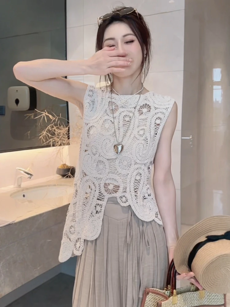 【338】设计感钩花镂空韩版马甲上衣女夏季新款外穿不规则无袖背心