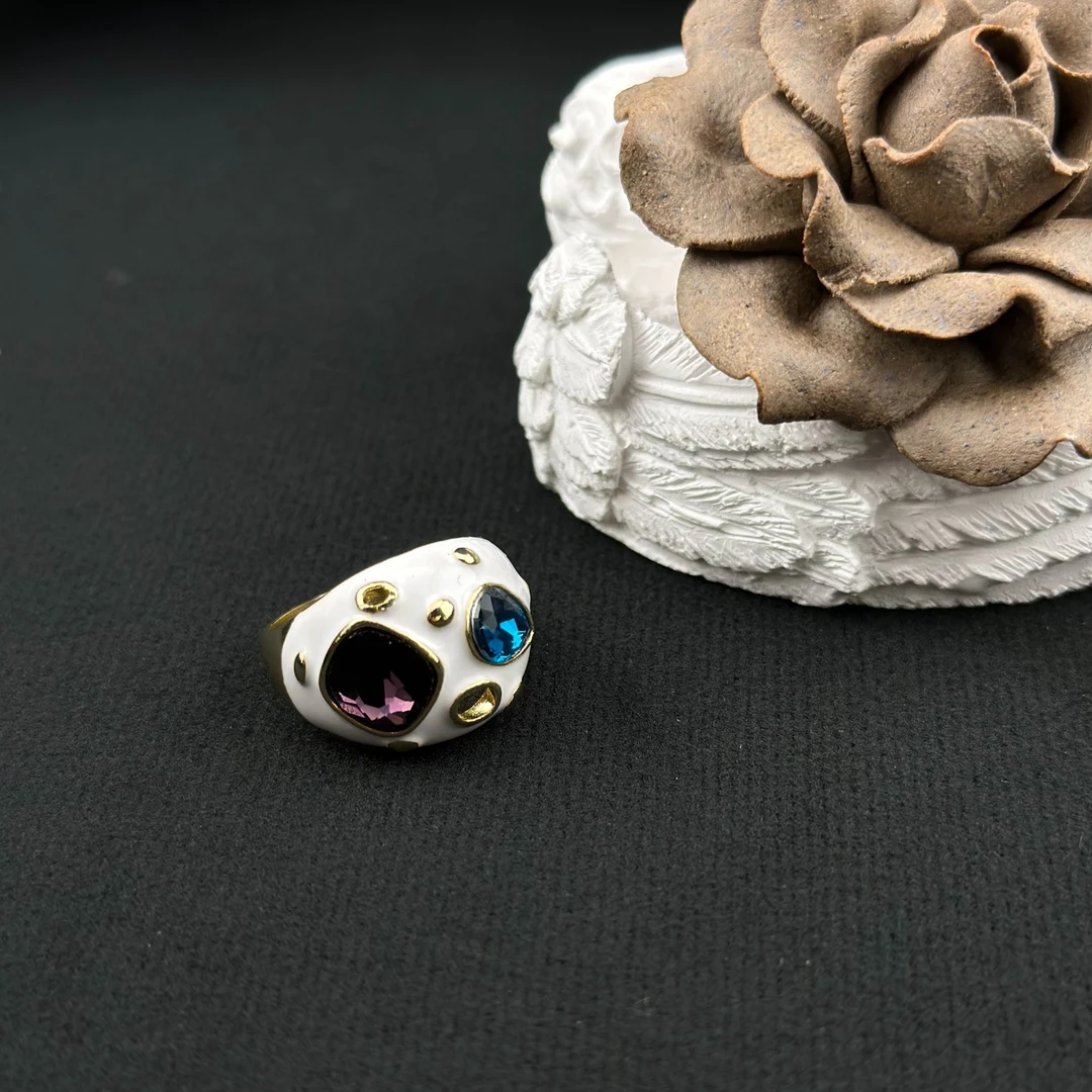 铜合金珐琅戒指 设计师白珐琅镶嵌小众戒指   0974