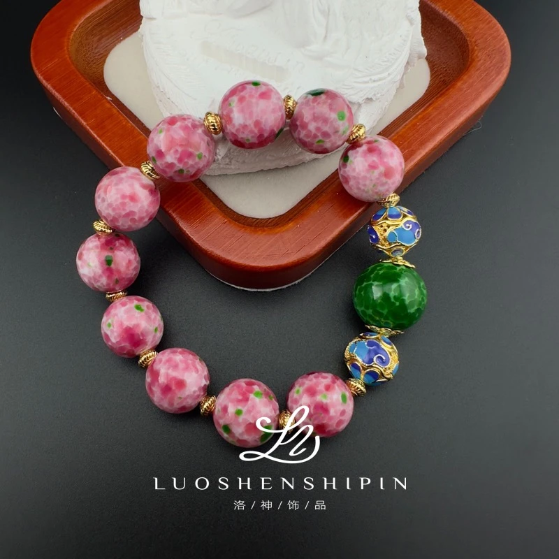 非金属珐琅手链 「兰姐专属」粉绿色14mm蛙皮老琉璃弹力绳手串 0010