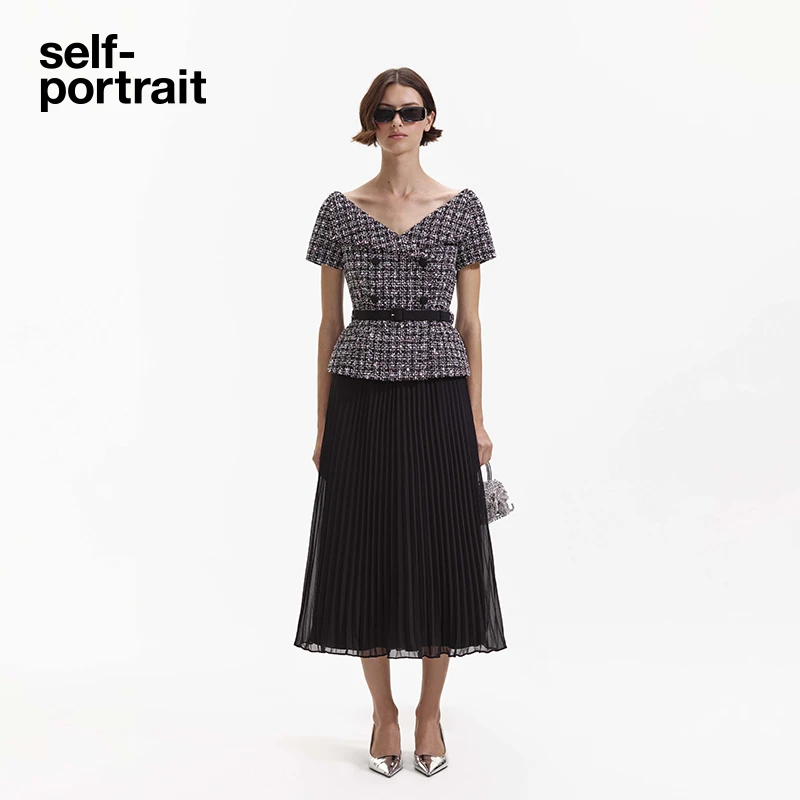 [奥莱]self-portrait 春夏新款黑格子气质优雅收腰露肩短袖连衣裙
