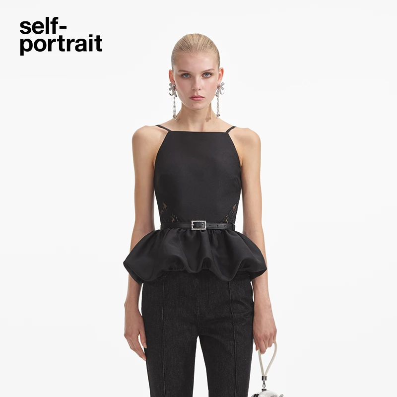 self-portrait 经典黑高级感蕾丝拼接花苞设计吊带背心上衣