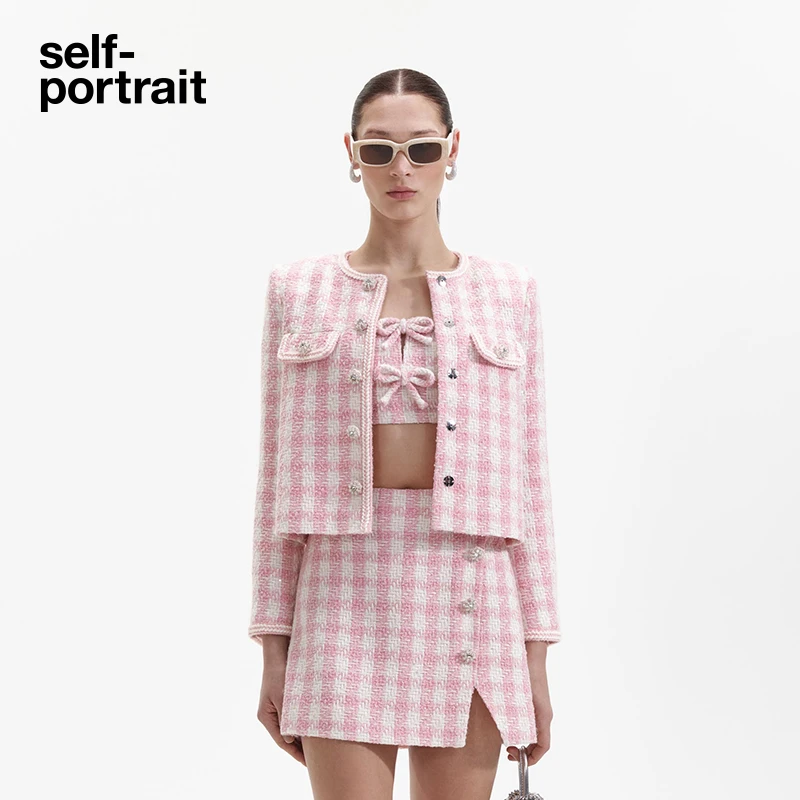 【奥莱】self-portrait 新款红粉格子编织粗花呢小香风钻饰上衣