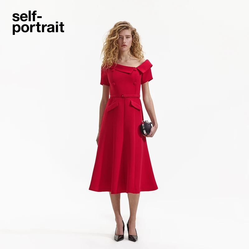 【奥莱】self-portrait 春夏新款法国红露肩收腰短袖连衣裙中长裙