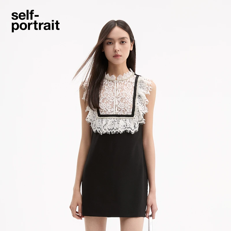 self-portrait 春夏黑白撞色蕾丝褶边钻饰无袖连衣裙出游服装女