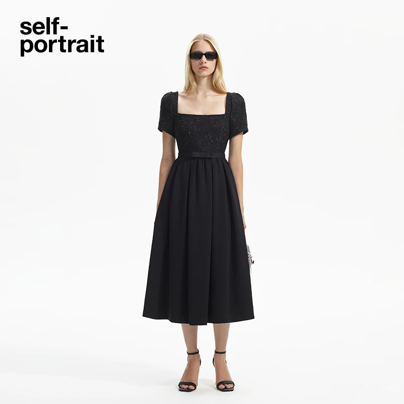 【奥莱】self-portrait 经典黑卢勒克斯花呢方领短袖连衣裙中长裙