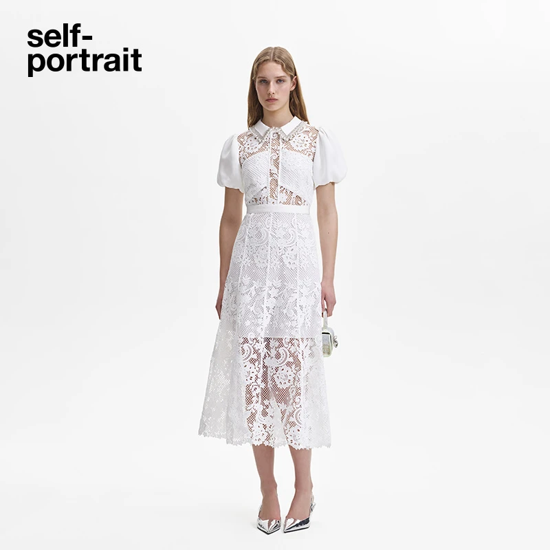 [奥莱]self-portrait象牙白精致水钻领短袖精致蕾丝中长裙连衣裙