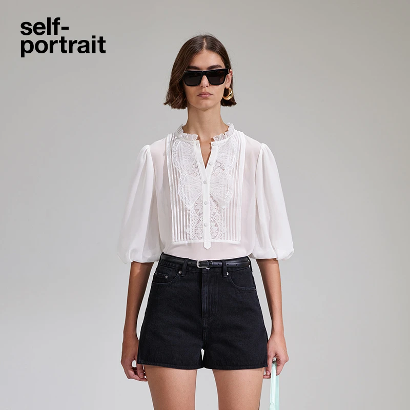 self-portrait 春夏纯净白雪纺蕾丝中袖百搭衬衫气质衬衣白色时尚