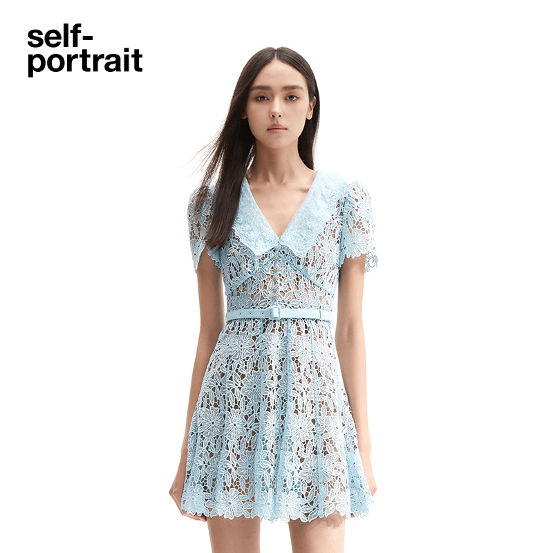 【奥莱】self-portrait 春夏薄雾蓝翻领收腰甜美蕾丝短袖连衣裙短裙