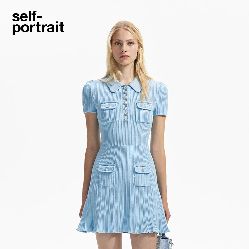 self-portrait薄雾蓝精致罗纹针织翻领针织连衣裙蓝色时尚秋冬裙