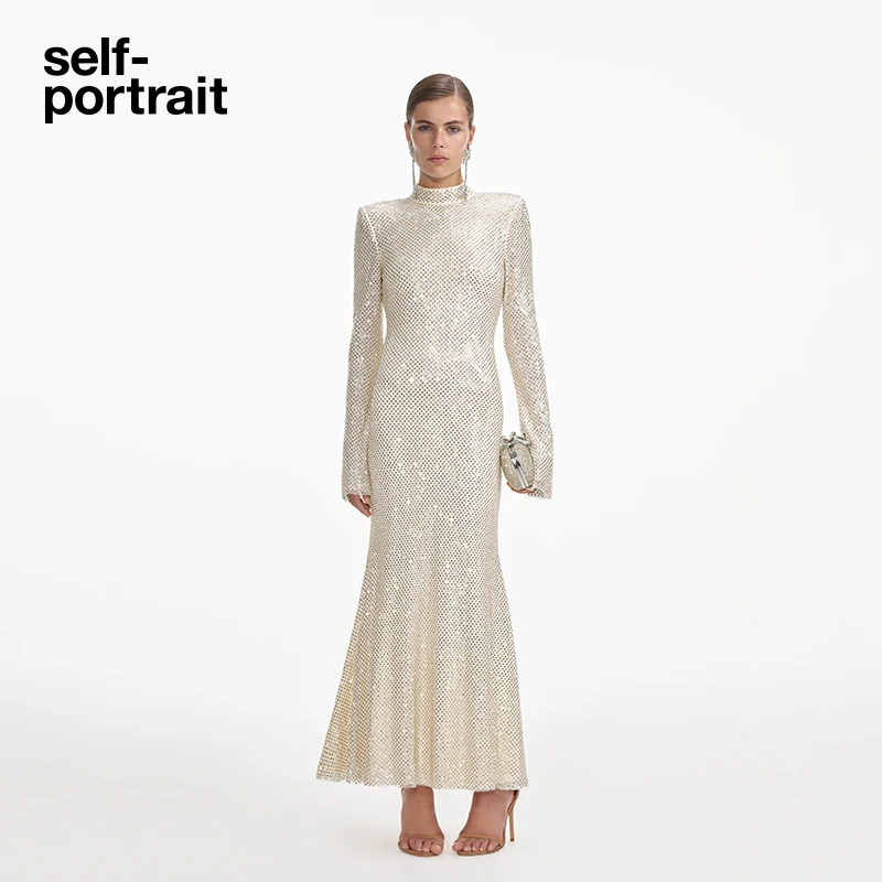 self-portrait 秋冬新款浅米杏气质满钻星河长袖礼服连衣裙
