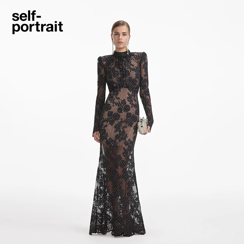 self-portrait 秋冬新款经典黑满钻星河蕾丝长袖礼服连衣裙