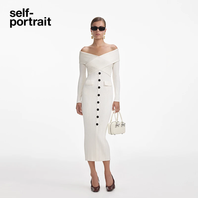 [奥莱]self-portrait 秋冬新款流光风一字肩修身针织连衣裙高级感